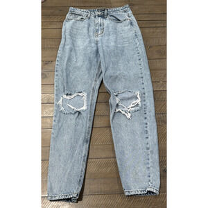 Pretty Little Thing Mom Jeans Distressed Medium Blue Denim- Ink Stain Back- Sz 4